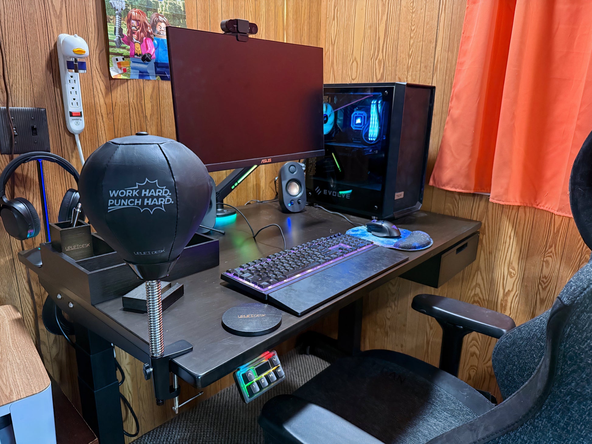 Uplift V3 standing desk — close-up detail of frame and cable management system
